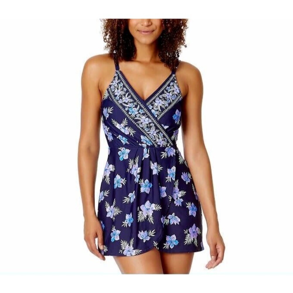 NEW Lands' End Womens Swim Dress S NWT Blue Floral Pc Swimsuit UPF50